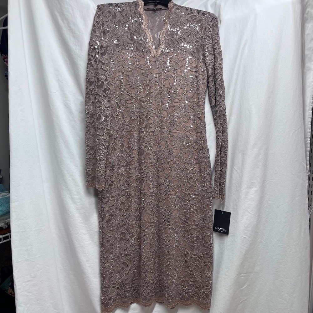 Marina long sleeve Taupe lace, sequin dress